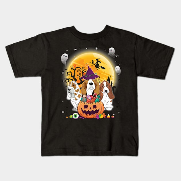 Basset Hound Dog Mummy Witch Moon Ghosts Happy Halloween Thanksgiving Merry Christmas Day Kids T-Shirt by joandraelliot